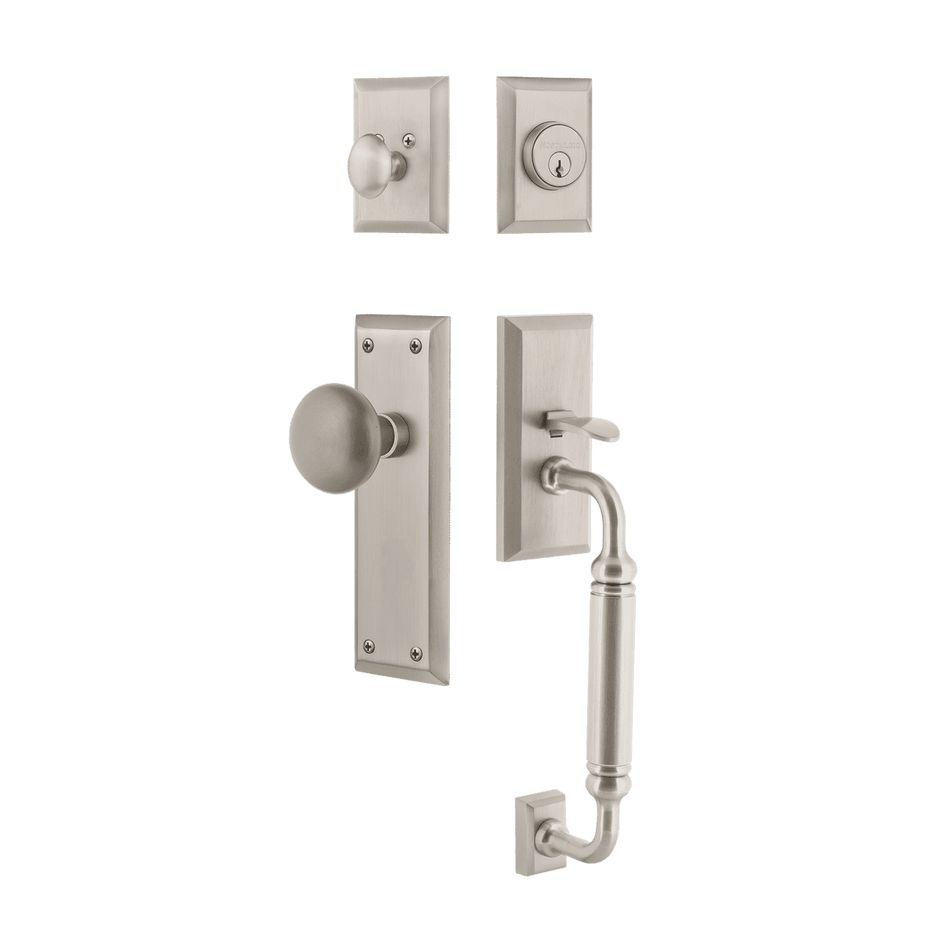 Nostalgic 727638: Entry Lockset w/New York Backplate, C-Grip Exterior Handle and New York Knob - Satin Nickel