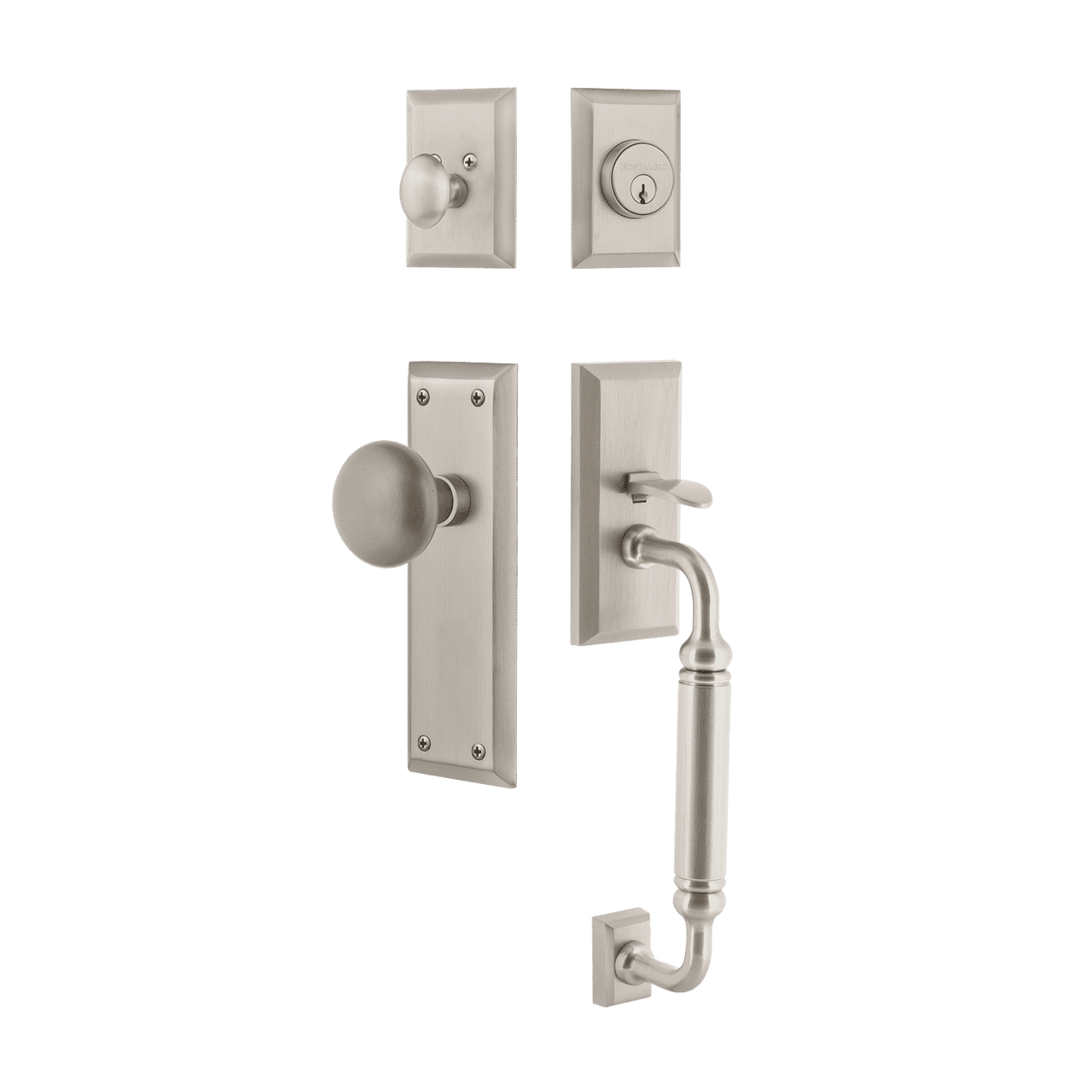 Nostalgic 719555: Entry Lockset w/New York Backplate, C-Grip Exterior Handle and New York Knob - Satin Nickel