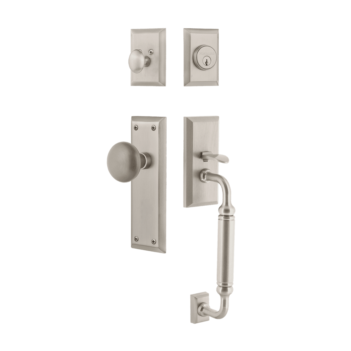 Nostalgic 733373: Entry Lockset w/New York Backplate, C-Grip Exterior Handle and New York Knob - Satin Nickel