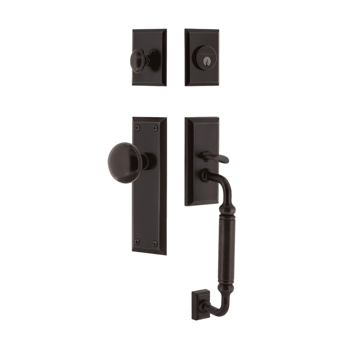Nostalgic 727701: Entry Lockset w/New York Backplate, C-Grip Exterior Handle and New York Knob - Timeless Bronze