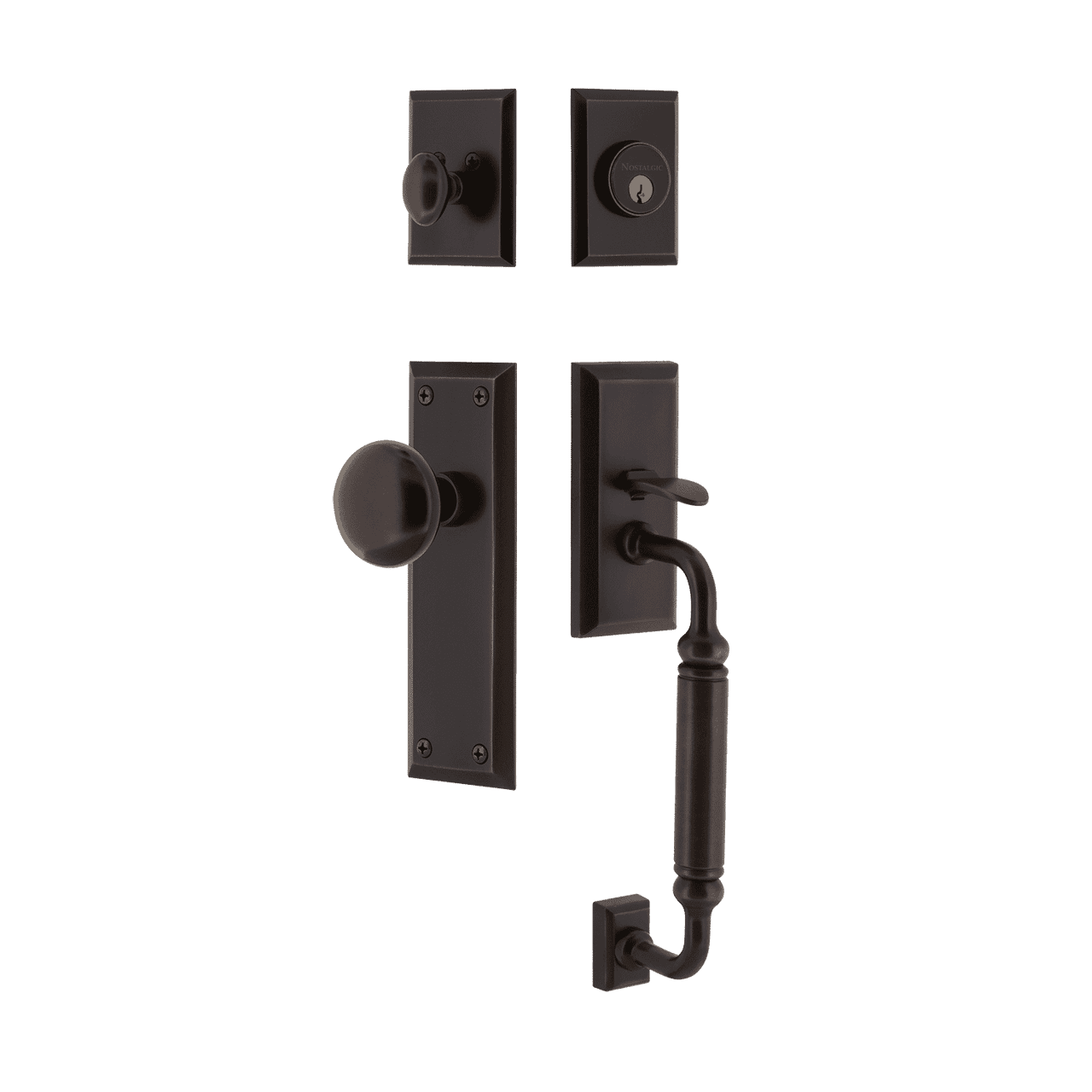 Nostalgic 727701: Entry Lockset w/New York Backplate, C-Grip Exterior Handle and New York Knob - Timeless Bronze