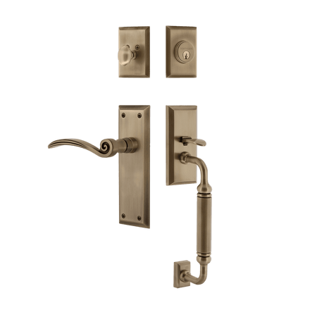 Nostalgic 768250: Entry Lockset w/New York Backplate, C-Grip Exterior Handle and Swan Interior Lever - Antique Brass