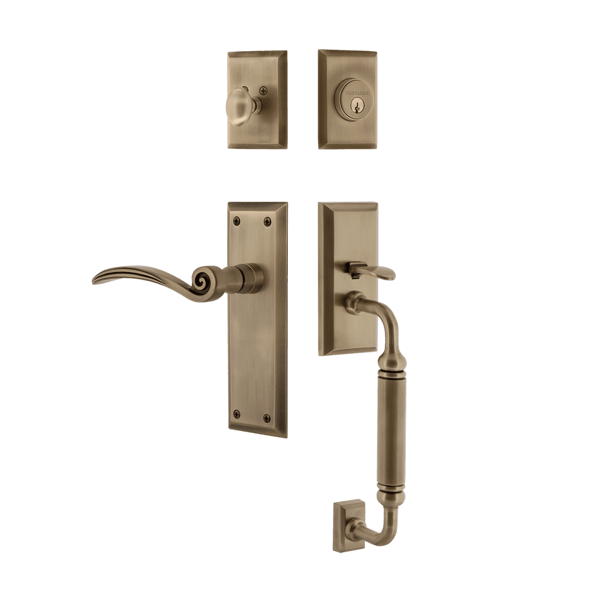 Nostalgic 770888: Entry Lockset w/New York Backplate, C-Grip Exterior Handle and Swan Interior Lever - Antique Brass