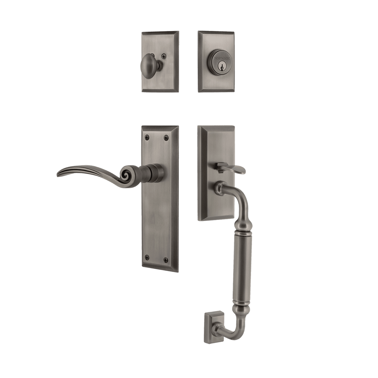 Nostalgic 770890: Entry Lockset w/New York Backplate, C-Grip Exterior Handle and Swan Interior Lever - Antique Pewter