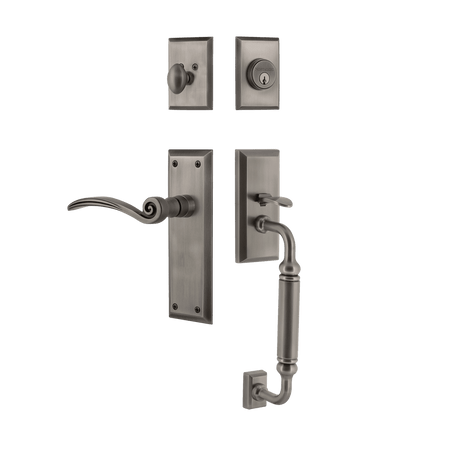 Nostalgic 768251: Entry Lockset w/New York Backplate, C-Grip Exterior Handle and Swan Interior Lever - Antique Pewter