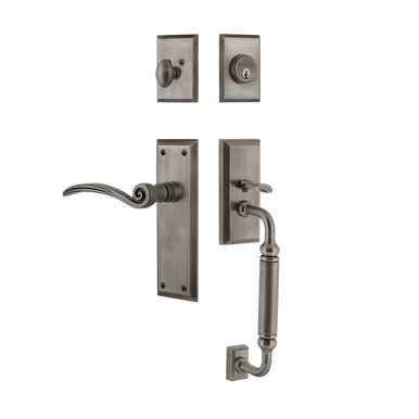 Nostalgic 768251: Entry Lockset w/New York Backplate, C-Grip Exterior Handle and Swan Interior Lever - Antique Pewter