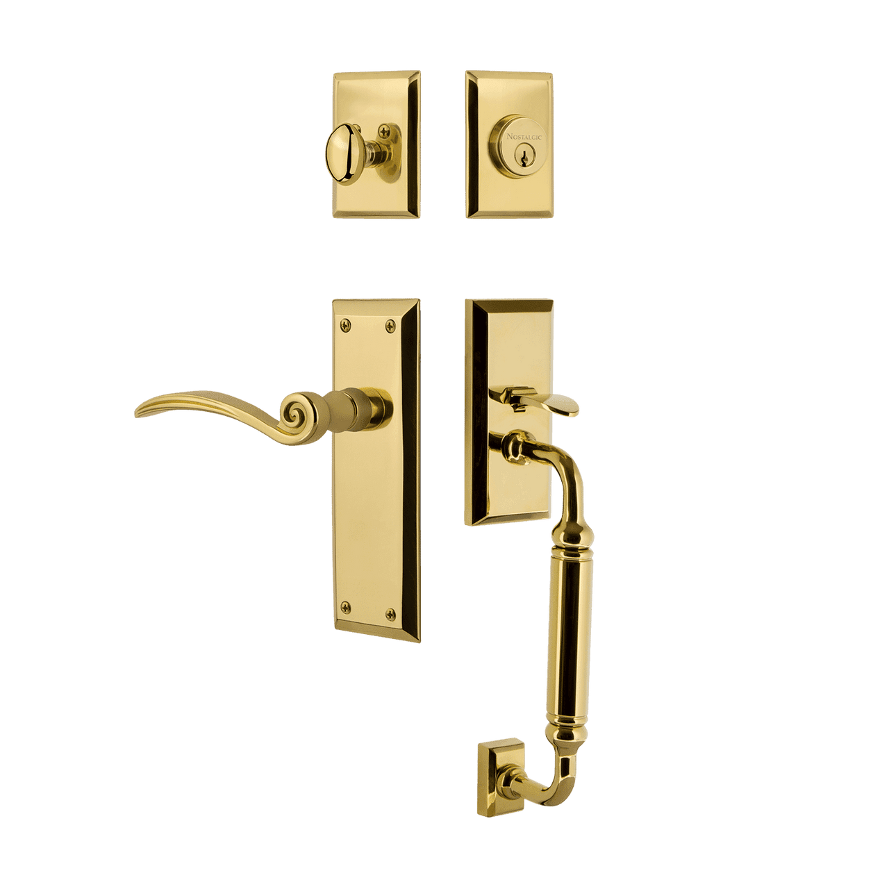 Nostalgic 770842: Entry Lockset w/New York Backplate, C-Grip Exterior Handle and Swan Interior Lever - Polished Brass