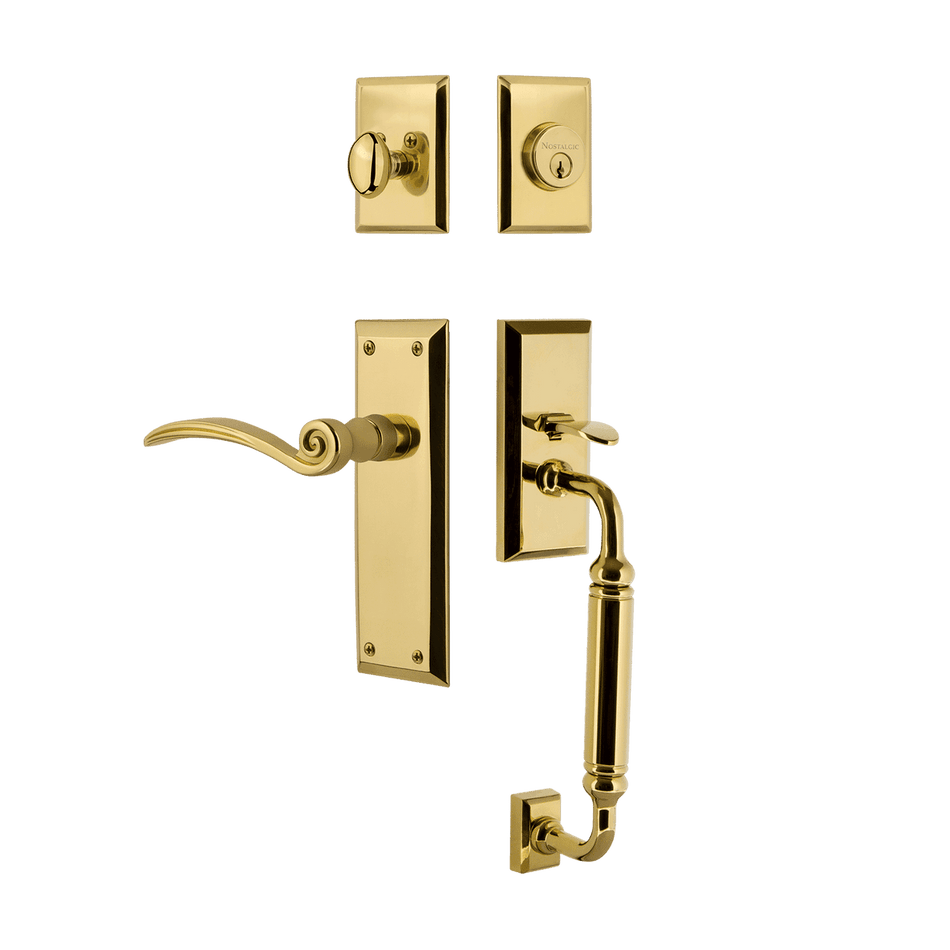 Nostalgic 768262: Entry Lockset w/New York Backplate, C-Grip Exterior Handle and Swan Interior Lever - Polished Brass