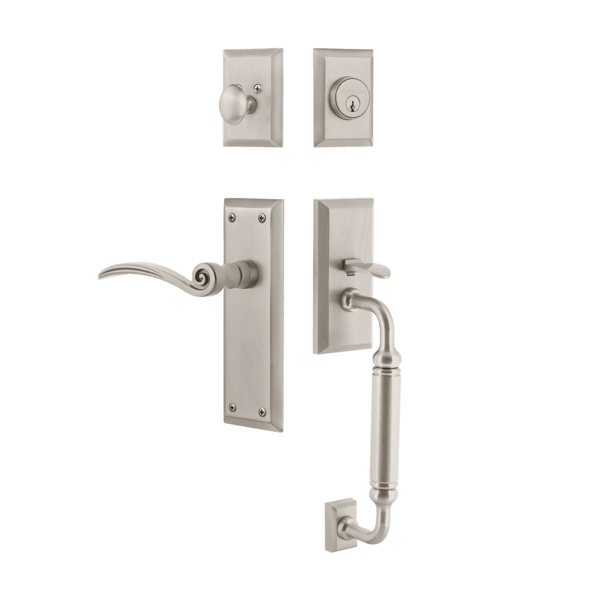 Nostalgic 768258: Entry Lockset w/New York Backplate, C-Grip Exterior Handle and Swan Interior Lever - Satin Nickel
