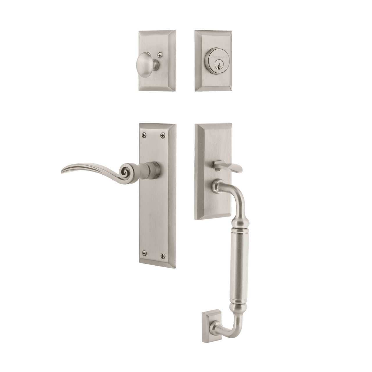 Nostalgic 768264: Entry Lockset w/New York Backplate, C-Grip Exterior Handle and Swan Interior Lever - Satin Nickel
