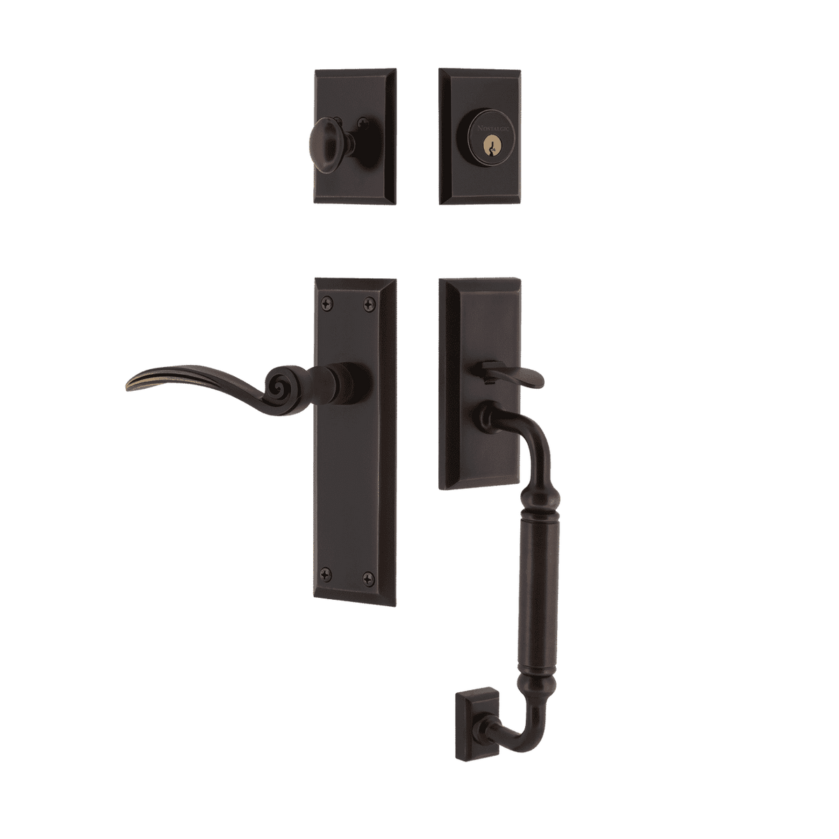 Nostalgic 770844: Entry Lockset w/New York Backplate, C-Grip Exterior Handle and Swan Interior Lever - Timeless Bronze