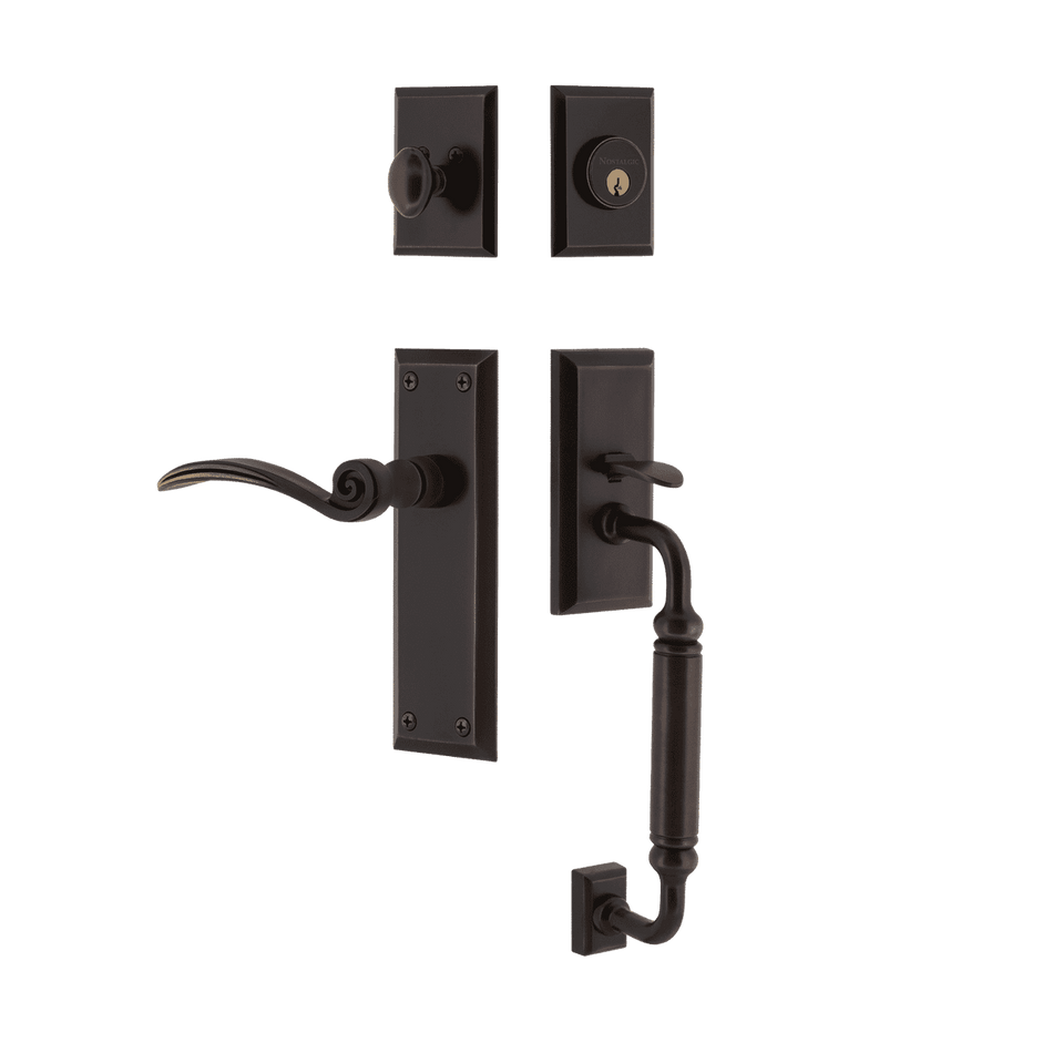 Nostalgic 770844: Entry Lockset w/New York Backplate, C-Grip Exterior Handle and Swan Interior Lever - Timeless Bronze