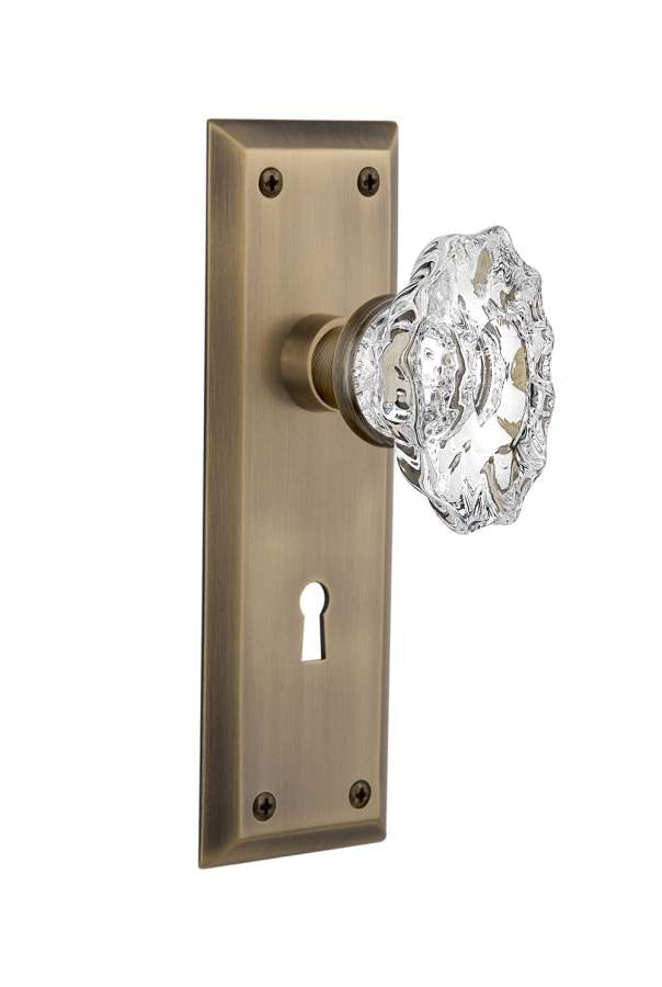 Nostalgic 713787: New York Backplate w/Chateau Knob Single Dummy Door Set - Antique Brass