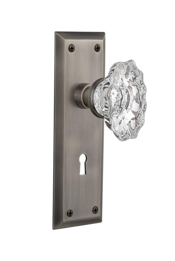 Nostalgic 713689: New York Backplate w/Chateau Knob Passage Door Set - Antique Pewter