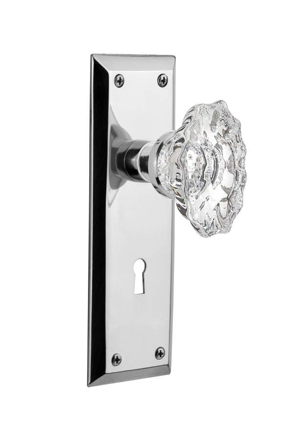 Nostalgic 713741: New York Backplate w/Chateau Knob Single Dummy Door Set - Bright Chrome