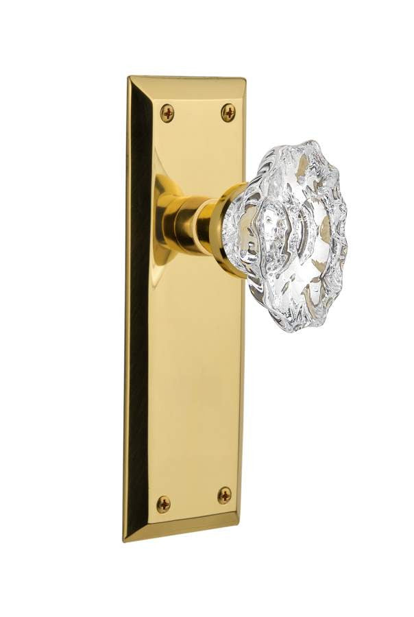Nostalgic 713943: New York Backplate w/Chateau Knob Privacy Door Set - Unlacquered Brass