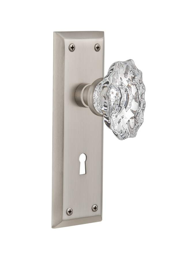 Nostalgic 713693: New York Backplate w/Chateau Knob Passage Door Set - Satin Nickel