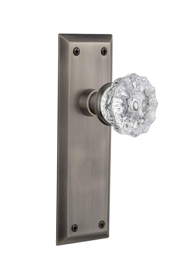 Nostalgic 733077: New York Backplate w/Clear Crystal Glass Knob Passage Door Set - Antique Pewter