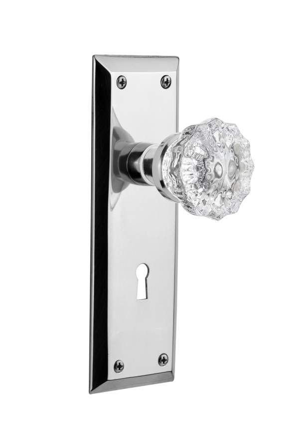 Nostalgic 701235: New York Backplate w/Clear Crystal Glass Knob Privacy Door Set - Bright Chrome