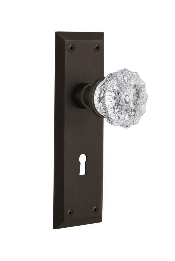 Nostalgic 704558: New York Backplate w/Clear Crystal Glass Knob Privacy Door Set - Oil-Rubbed Bronze