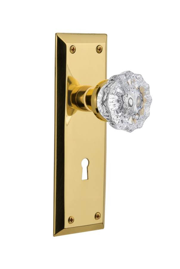 Nostalgic 701220: New York Backplate w/Clear Crystal Glass Knob Privacy Door Set - Polished Brass