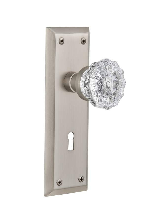 Nostalgic 704562: New York Backplate w/Clear Crystal Glass Knob Passage Door Set - Satin Nickel