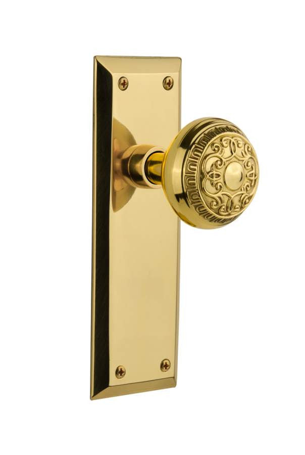 Nostalgic 717031: New York Backplate w/Egg & Dart Knob Passage Door Set - Unlacquered Brass