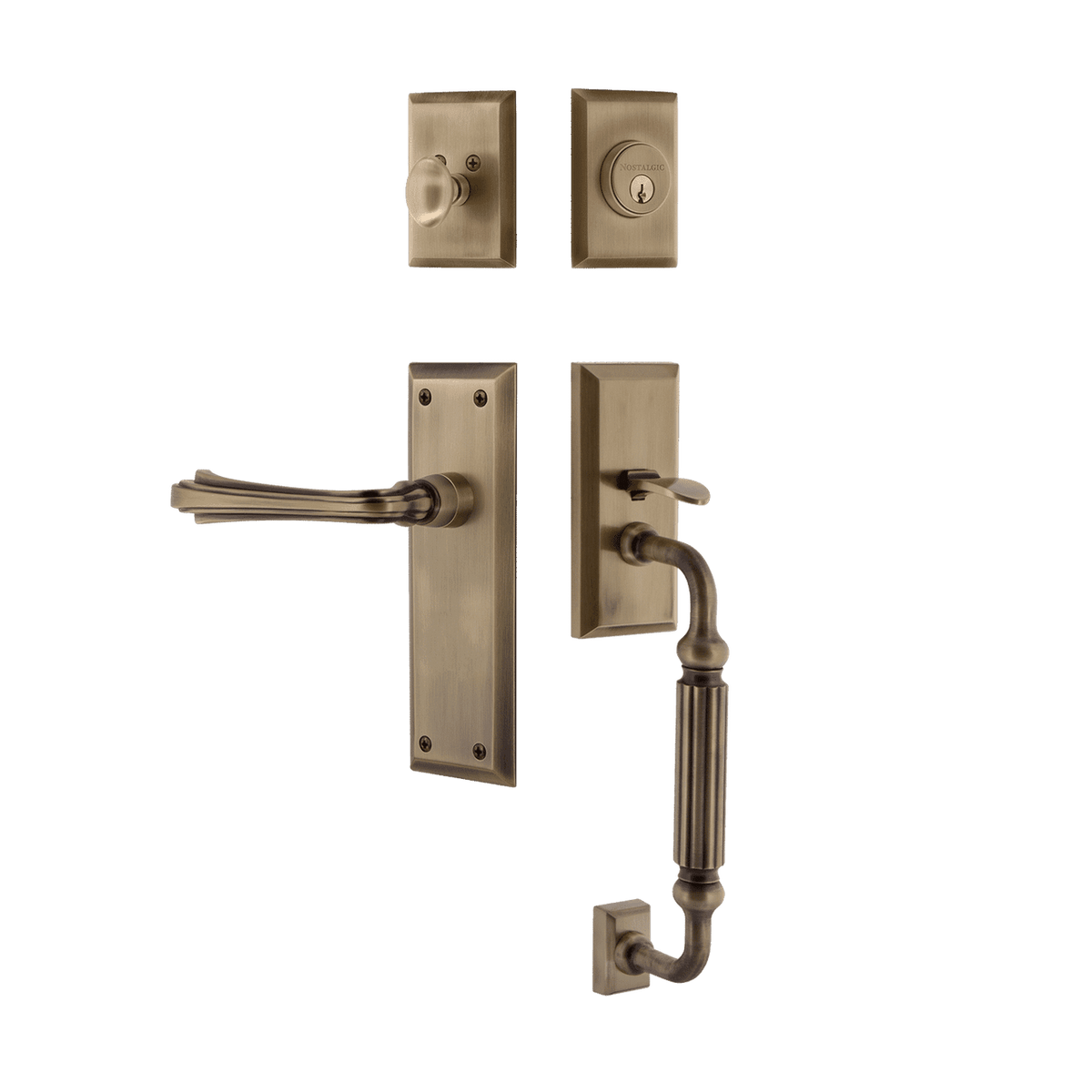 Nostalgic 770585: Entry Lockset w/New York Backplate, F-Grip Exterior Handle and Fleur Interior Lever - Antique Brass