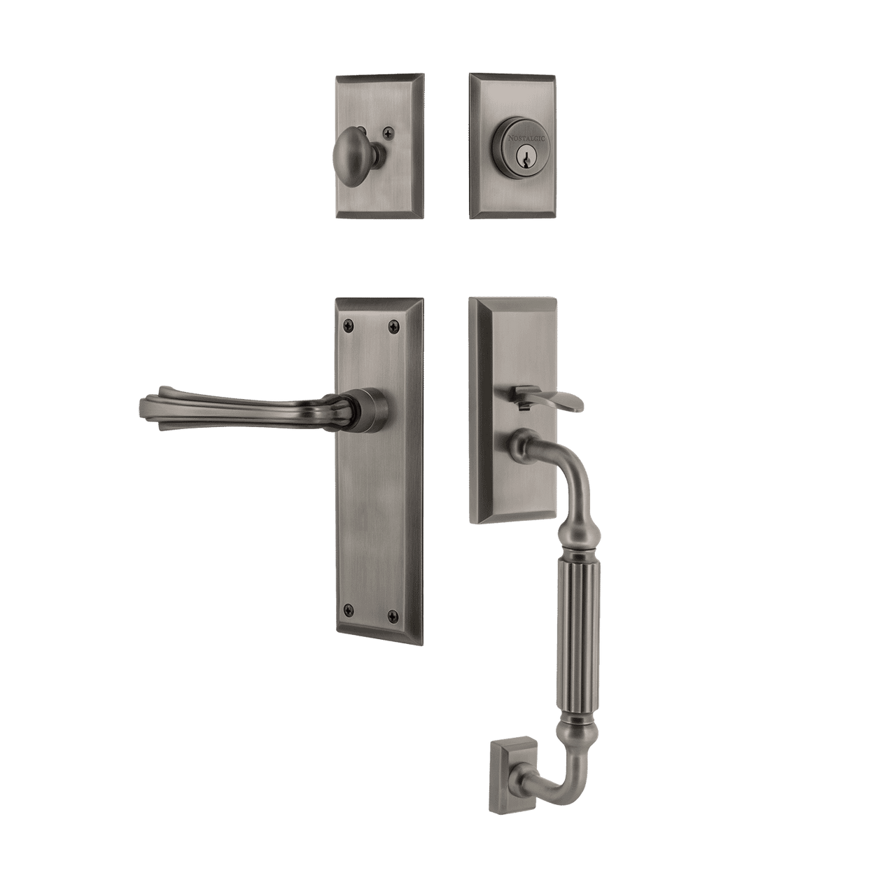 Nostalgic 770609: Entry Lockset w/New York Backplate, F-Grip Exterior Handle and Fleur Interior Lever - Antique Pewter