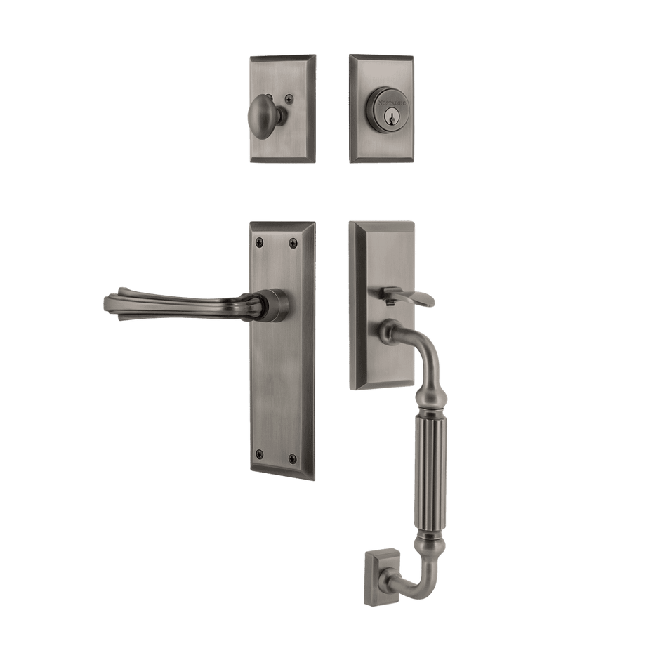Nostalgic 768984: Entry Lockset w/New York Backplate, F-Grip Exterior Handle and Fleur Interior Lever - Antique Pewter
