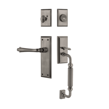Nostalgic 770581: Entry Lockset w/New York Backplate, F-Grip Exterior Handle and Fleur Interior Lever - Antique Pewter