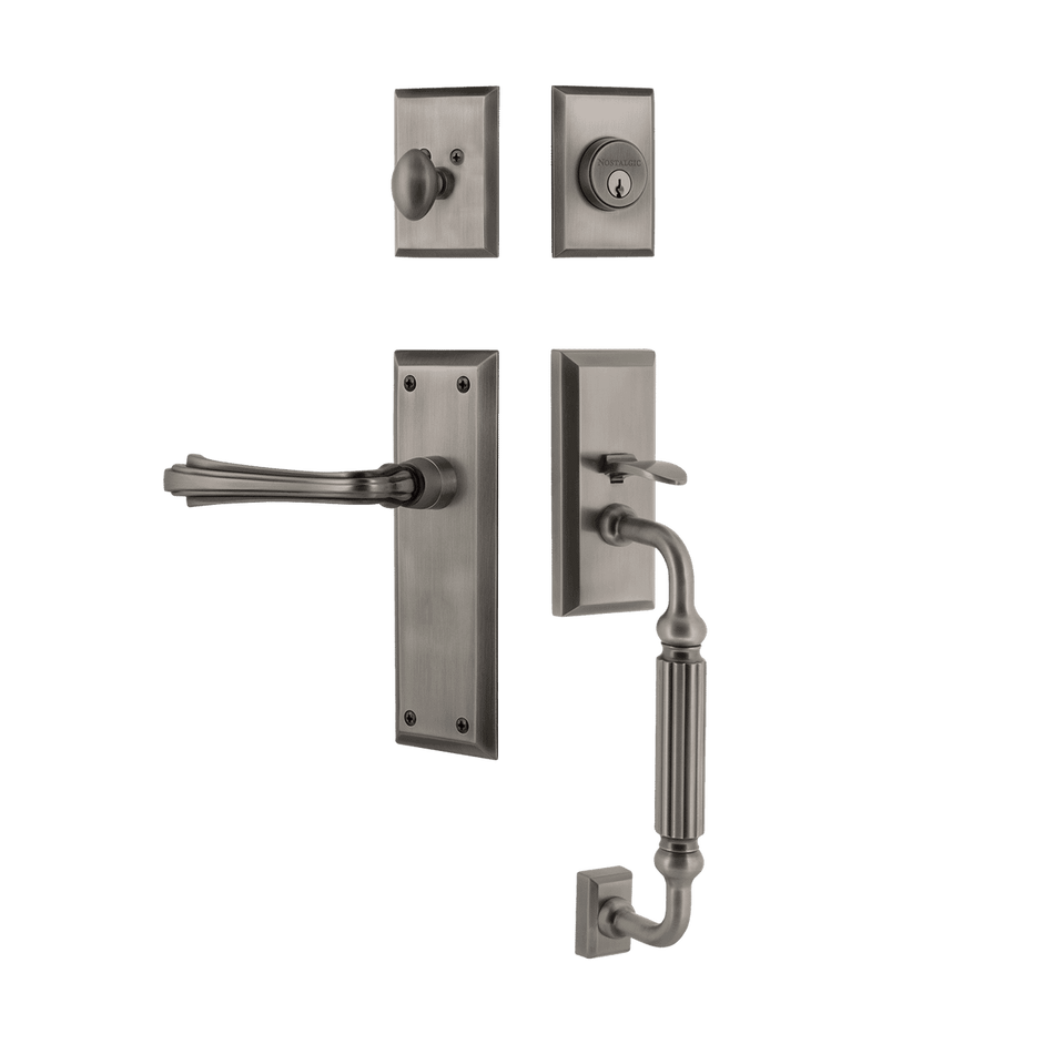 Nostalgic 770581: Entry Lockset w/New York Backplate, F-Grip Exterior Handle and Fleur Interior Lever - Antique Pewter