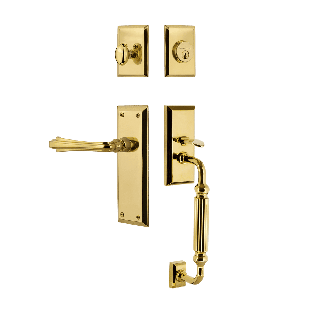 Nostalgic 768989: Entry Lockset w/New York Backplate, F-Grip Exterior Handle and Fleur Interior Lever - Polished Brass