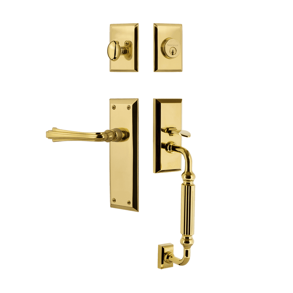 Nostalgic 768989: Entry Lockset w/New York Backplate, F-Grip Exterior Handle and Fleur Interior Lever - Polished Brass