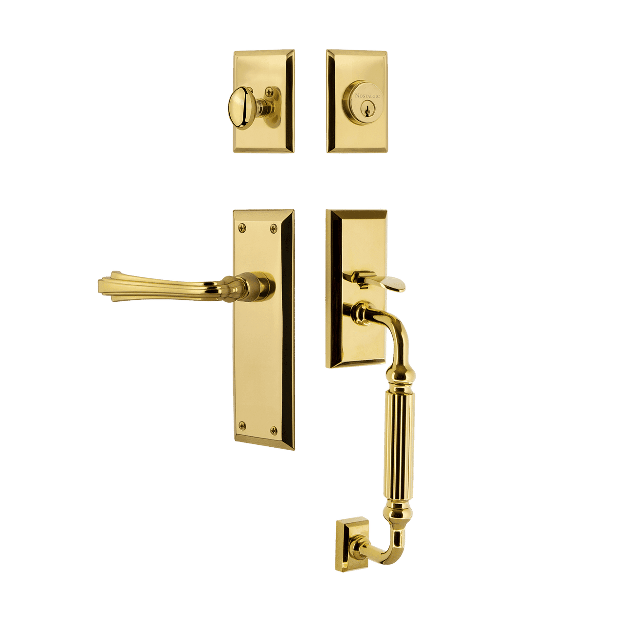 Nostalgic 768995: Entry Lockset w/New York Backplate, F-Grip Exterior Handle and Fleur Interior Lever - Polished Brass