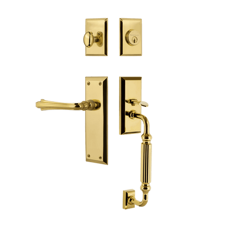 Nostalgic 768995: Entry Lockset w/New York Backplate, F-Grip Exterior Handle and Fleur Interior Lever - Polished Brass