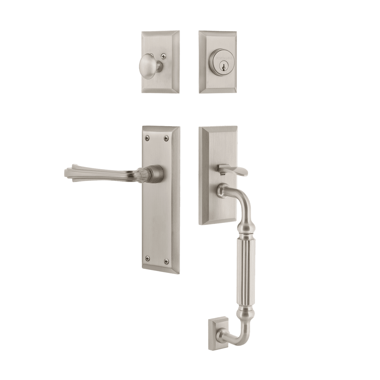 Nostalgic 768997: Entry Lockset w/New York Backplate, F-Grip Exterior Handle and Fleur Interior Lever - Satin Nickel