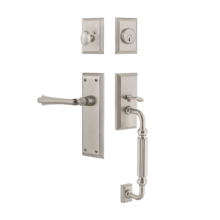 Nostalgic 770580: Entry Lockset w/New York Backplate, F-Grip Exterior Handle and Fleur Interior Lever - Satin Nickel