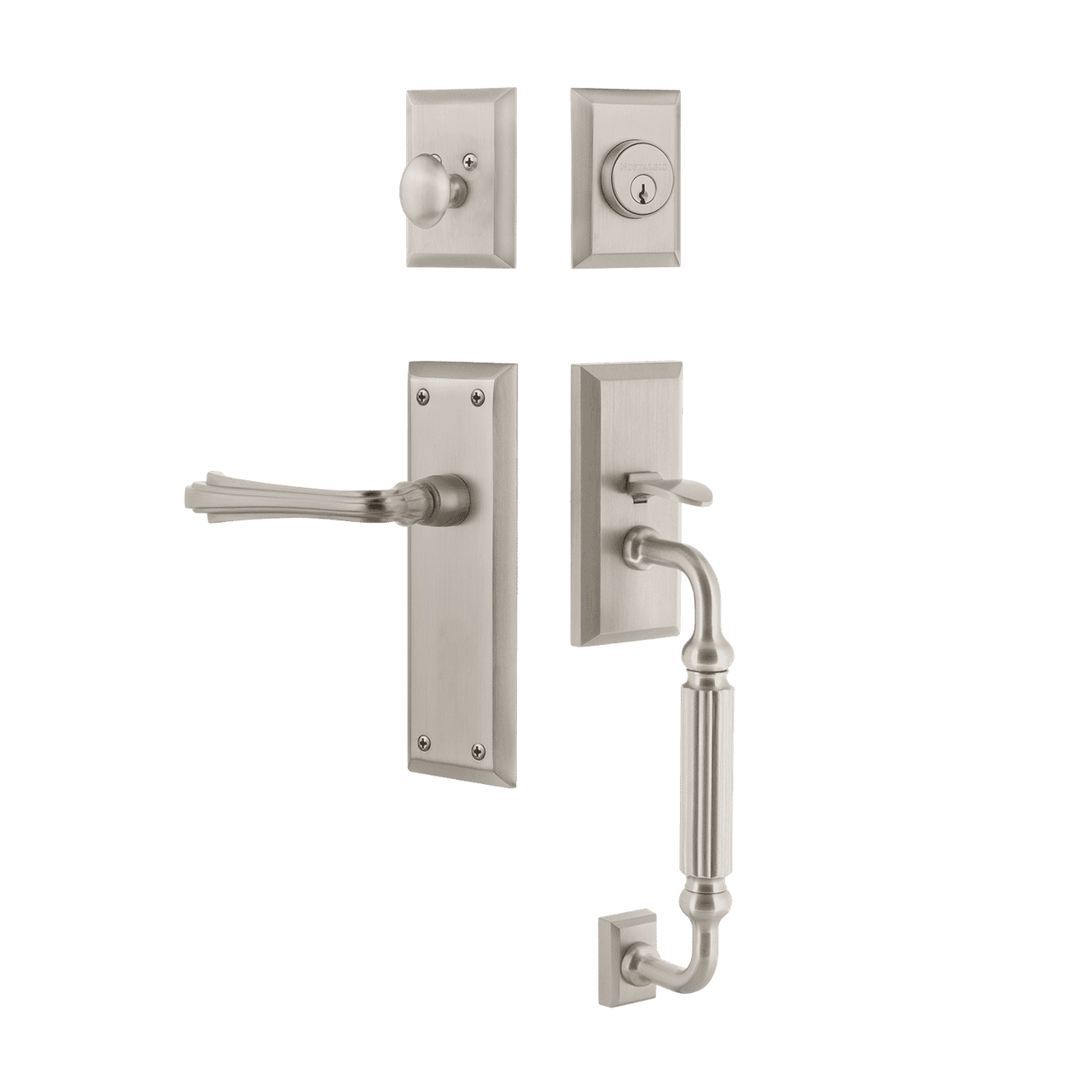Nostalgic 768991: Entry Lockset w/New York Backplate, F-Grip Exterior Handle and Fleur Interior Lever - Satin Nickel