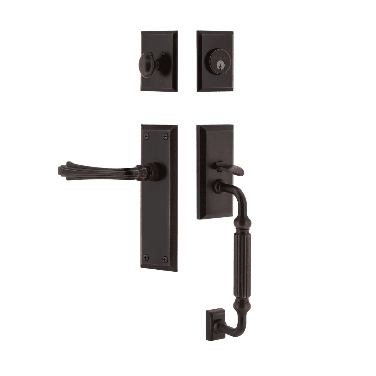 Nostalgic 770639: Entry Lockset w/New York Backplate, F-Grip Exterior Handle and Fleur Interior Lever - Timeless Bronze