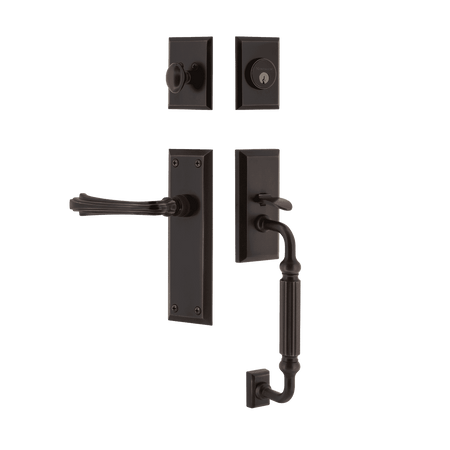 Nostalgic 770639: Entry Lockset w/New York Backplate, F-Grip Exterior Handle and Fleur Interior Lever - Timeless Bronze