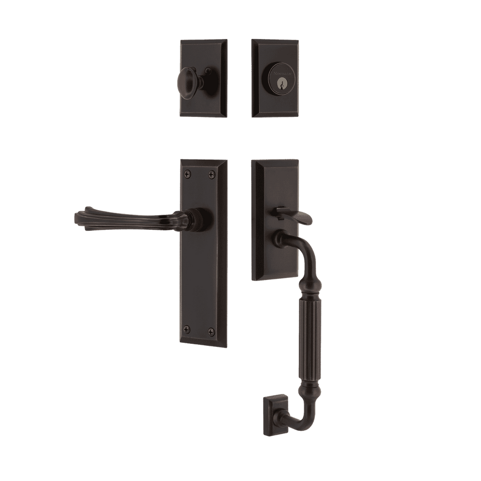 Nostalgic 768998: Entry Lockset w/New York Backplate, F-Grip Exterior Handle and Fleur Interior Lever - Timeless Bronze