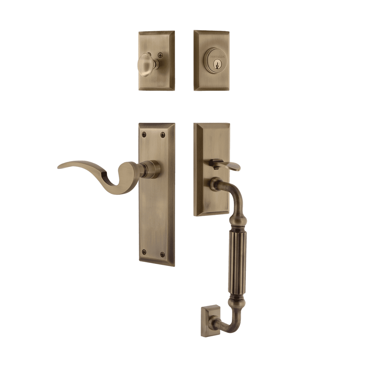 Nostalgic 767592: Entry Lockset w/New York Backplate, F-Grip Exterior Handle and Manor Interior Lever - Antique Brass