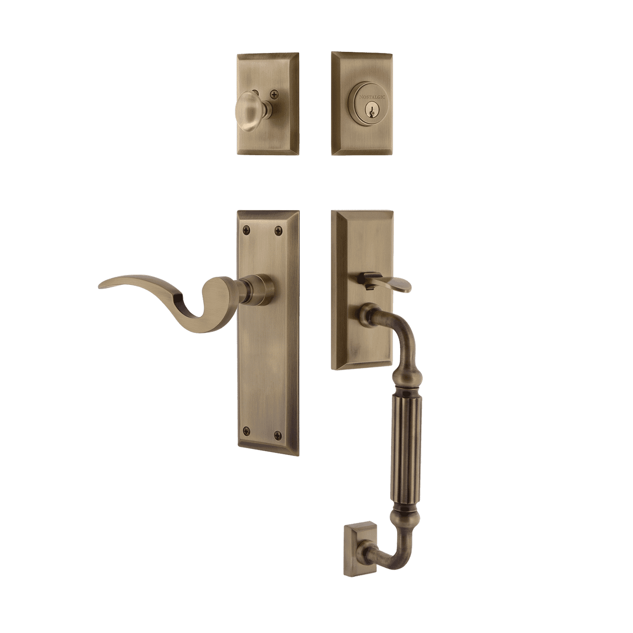 Nostalgic 767592: Entry Lockset w/New York Backplate, F-Grip Exterior Handle and Manor Interior Lever - Antique Brass