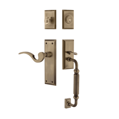Nostalgic 770722: Entry Lockset w/New York Backplate, F-Grip Exterior Handle and Manor Interior Lever - Antique Brass