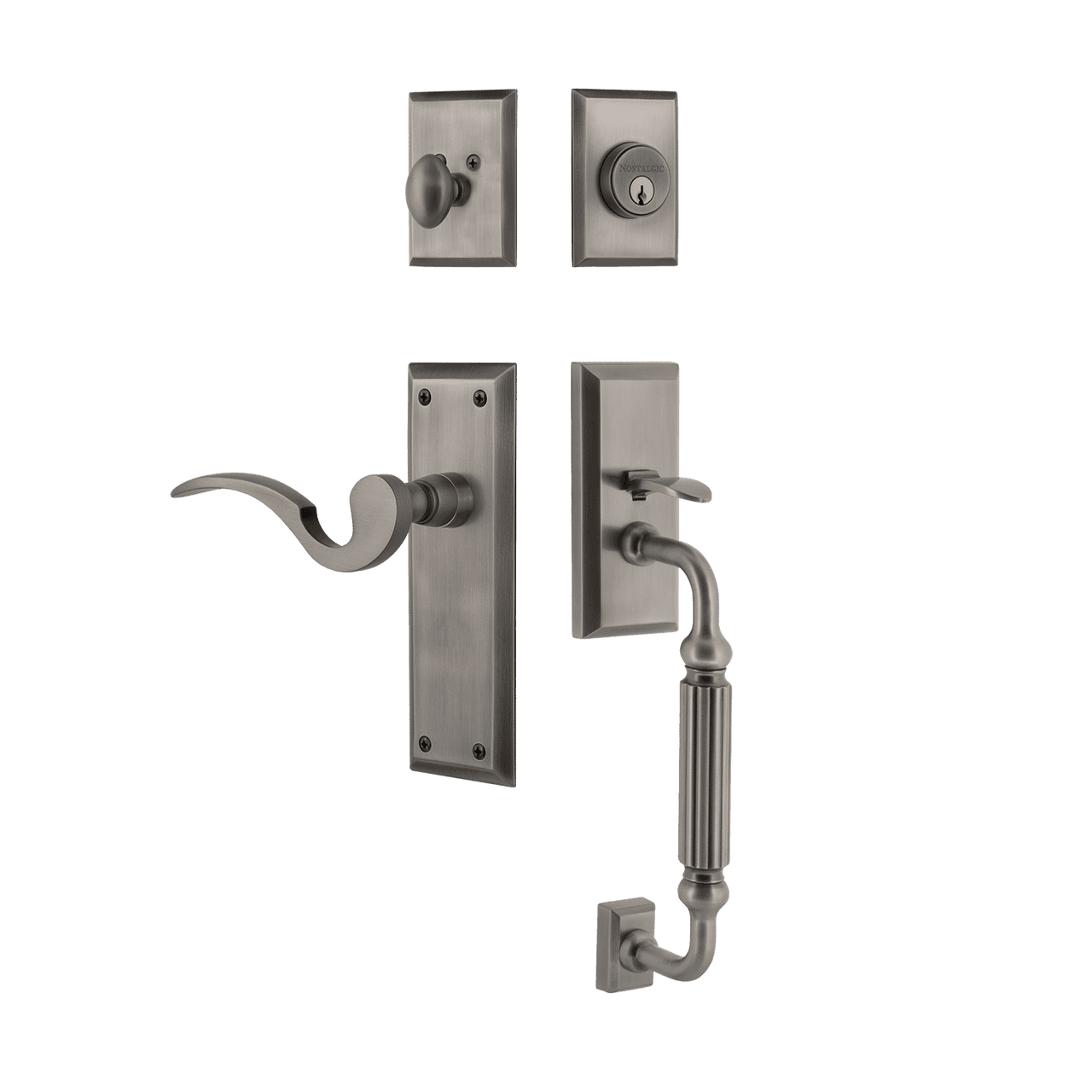 Nostalgic 770694: Entry Lockset w/New York Backplate, F-Grip Exterior Handle and Manor Interior Lever - Antique Pewter
