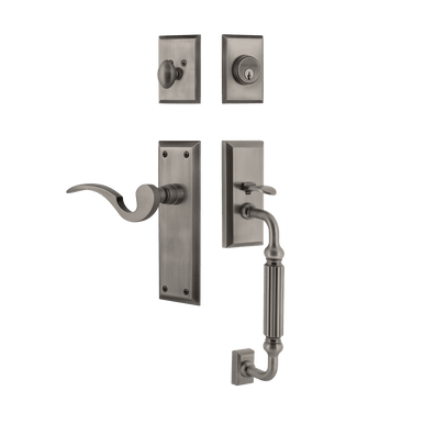 Nostalgic 770694: Entry Lockset w/New York Backplate, F-Grip Exterior Handle and Manor Interior Lever - Antique Pewter