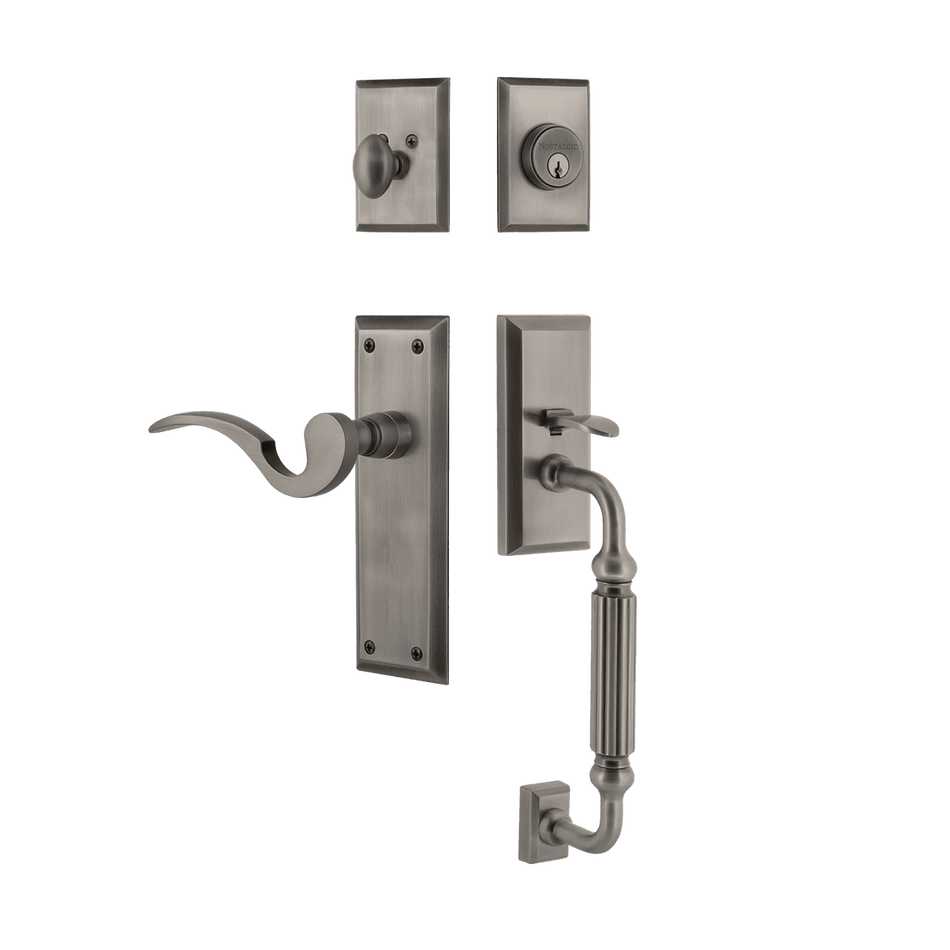 Nostalgic 770718: Entry Lockset w/New York Backplate, F-Grip Exterior Handle and Manor Interior Lever - Antique Pewter