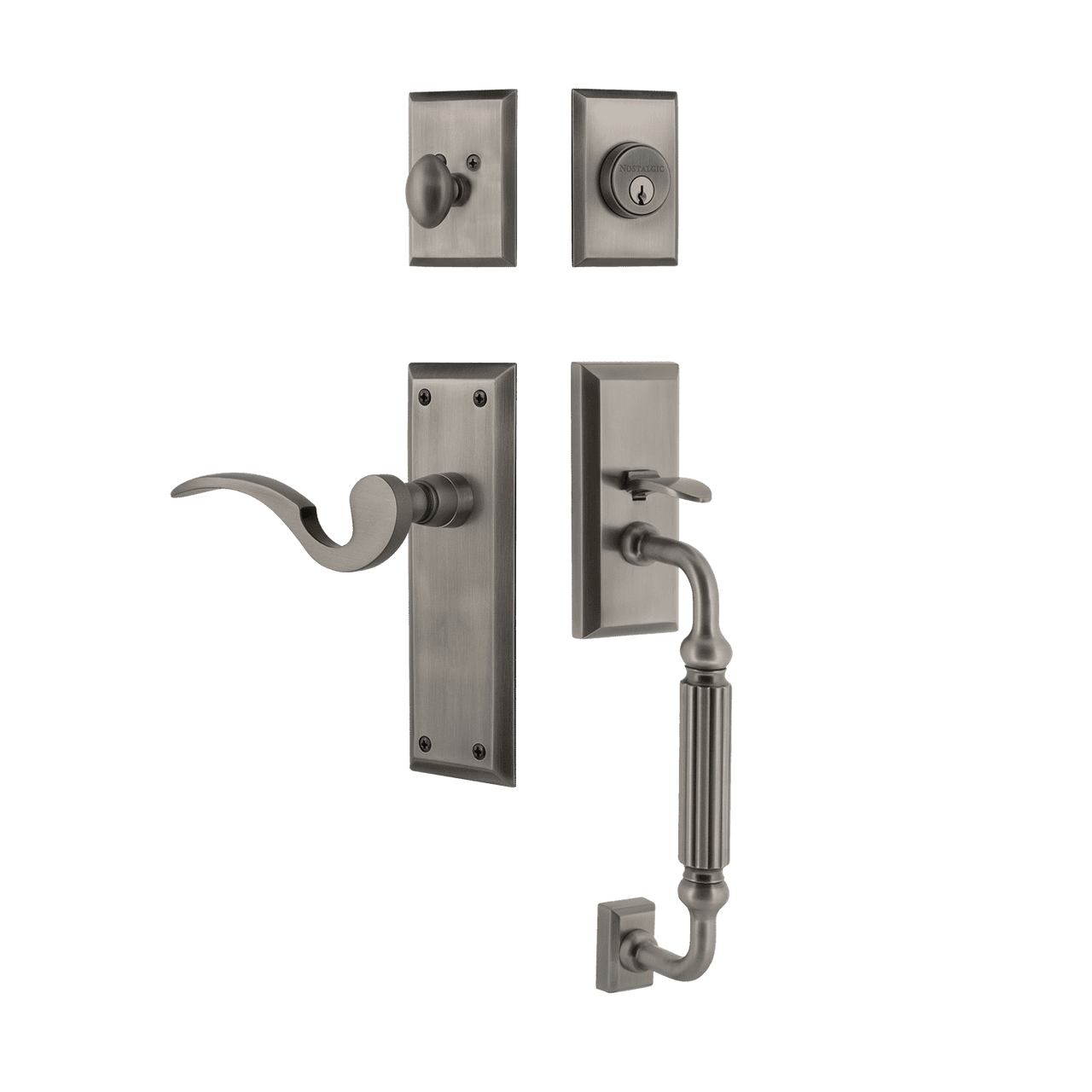 Nostalgic 767593: Entry Lockset w/New York Backplate, F-Grip Exterior Handle and Manor Interior Lever - Antique Pewter