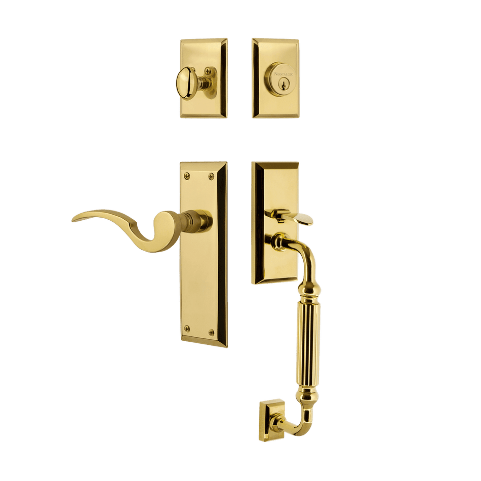 Nostalgic 770696: Entry Lockset w/New York Backplate, F-Grip Exterior Handle and Manor Interior Lever - Polished Brass